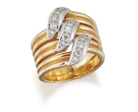 Cartier, a diamond ring, of fluted design centring on three brilliant-cut diamond set scroll motifs, signed Cartier, numbered