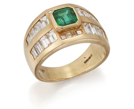 Garrard &amp; Co, an Emerald and diamond ring, by Garrard &amp; Co, set with a rectangular-cut collet-set emerald with baguet