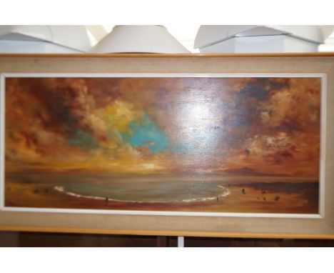 Large framed oil on board beach scene with figures signed K . Leigh Overall size 58 cm x 119 cm 