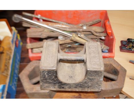 Group of black smiths tools together with a pair of 10kg weights avery 56 pound weight 