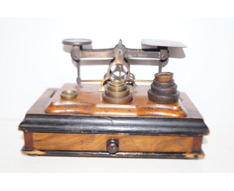 Early 20th century set of balance, scales &amp; weights on a reconstructed base
