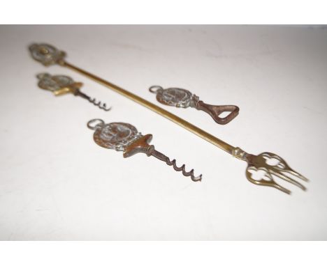 2 commemorative cork screws together with a bottle opener &amp; fork 