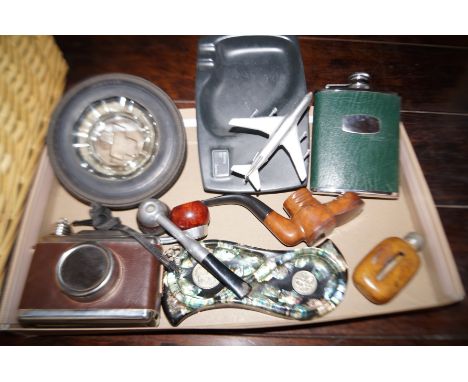 Group of smoking related items to include a hip flask in the form of a camera 