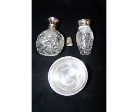 2 Scent bottles together with a silver thimble Chester hallmark &amp; white metal bowl (Continental silver)