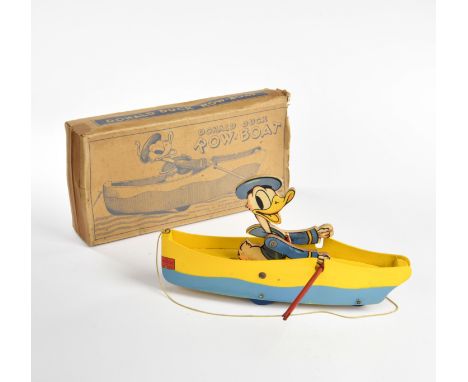 Chad Valley, Donald Duck Row Boat, England, 32 cm, Holz, Funktion ok, Okt, Paddelaufsätze fehlen, Z 1-2