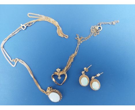 A pair of opal set 9ct earrings and pendant together with a heart shaped pendant set with a small diamond.