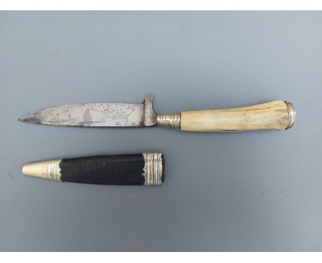 A 19thC German hunting knife with antler horn handle - Anton Wingen, Solingen, 7.5" overall, in leather sheath with plated mo