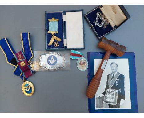 A small collection of Masonic jewels, a gavel and related items pertaining to G. Helson of the Loyal Victoria Lodge No.557, C