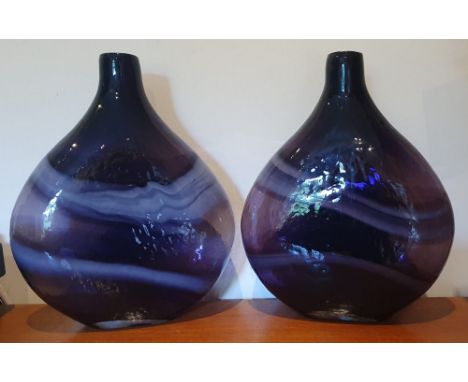 A large heavy pair of art glass vases, 13.5" high. (2)