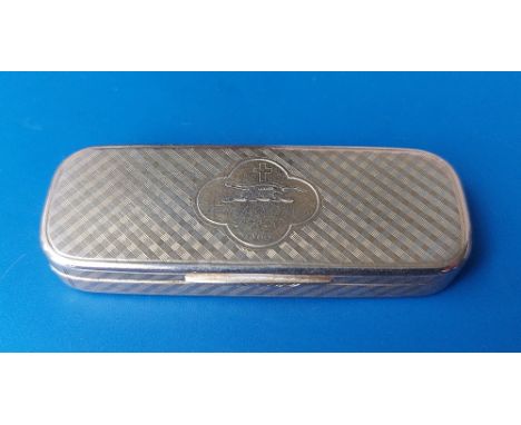 A Victorian yellow metal 'tooth' box, of slender rectangular form, overall engine turned diaper pattern, the hinged cover hav