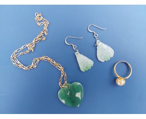 A Chinese pearl 9c ring, a jade coloured heart pendant on 9ct gold chain and a pair of pale jade coloured drop earrings. (4)