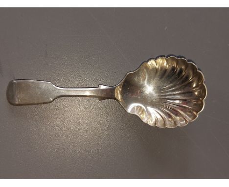 An early Victorian silver fiddle pattern caddy spoon with shell moulded bowl - RW,JW,JW - Exeter 1846,  4".