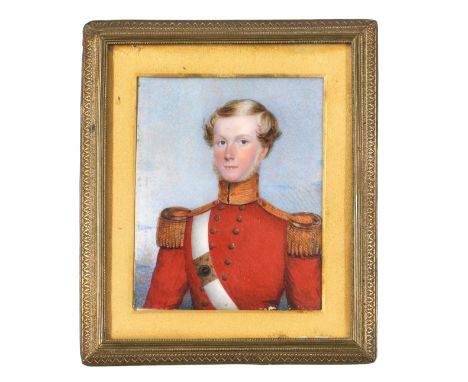 Leutnant Thomas Pedder Brustbildnis des jungen Thomas Pedder aus dem 58th. Ruthlandshire Regiment in roter Uniform mit Epaule