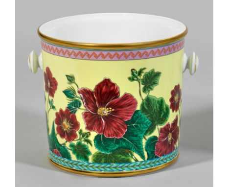 Cachepot mit Dekor "Tropical Wonderland" aus der Kollektion "Rosenthal meets Versace". Runder, leicht konisch ansteigender Ko