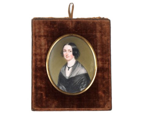 Biedermeier-Damenporträt Hüftbildnis einer jungen Dame mit hochgestecktem, schwarzem Haar in schwarzer Witwenkleidung mit Sch