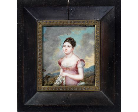 Empire-Damenbildnis Hüftbildnis nach links, Gesicht nahezu frontal. Fein gemaltes Portrait einer jungen Dame in hellrotem Emp