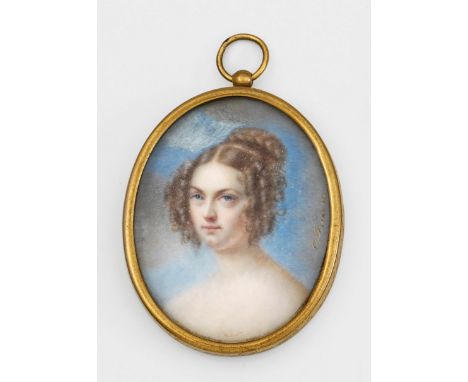 Biedermeier-Damenbildnis Brustbildnis einer jungen Dame mit aufgestecktem, gelocktem Haar. Gewolkter Hintergrund. L. u. undeu