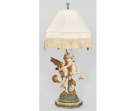 Skulpturenlampe 1-flg.; Metall, polychrom gefasst. Vollplastische Darstellung von Perseus mit einem Pegasus sowie dem Haupt d