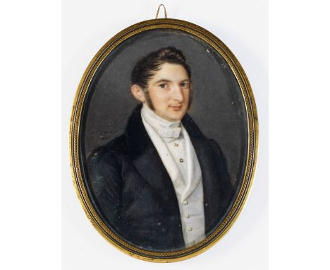 Großes Biedermeier-Herrenporträt Hüftbildnis eines jungen Herrn mit kurzem, schwarzem Haar und kinnlangen Koteletten. Bekleid