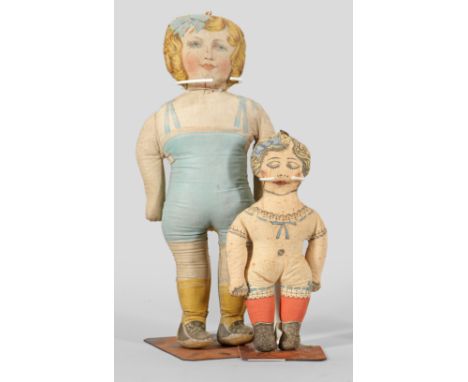 Zwei amerikanische Stoffpuppen sog. Schleuderpuppe. Lithographierter Stoff. Flache Puppenkörper mit stilisierter Unterwäsche 