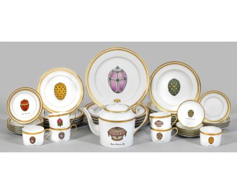 Kaffee- und Speiserestservice von FABERGÉ 37-tlg.; Kaffeekanne, 6 Tassen mit Untertassen, 6 Kuchen-, 6 Gourmet-, 6 Suppen-, 6