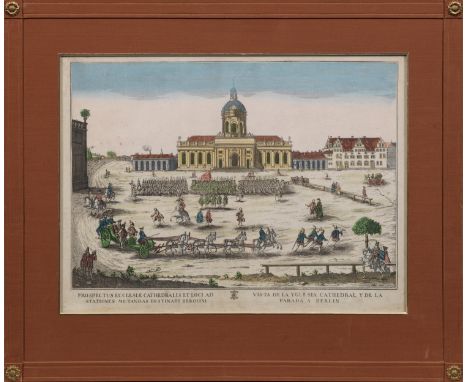 Sammlung von sechs Guckkastenblättern mit Berlin-Ansichten Altkolorierte, dekorative Kupferstiche. Vier Blätter von G. B. Rem