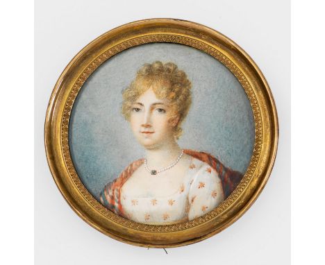 Biedermeier-Damenporträt Brustbildnis einer jungen Dame mit aufgestecktem, blondem Haar. Bekleidet mit einem tief dekolletier