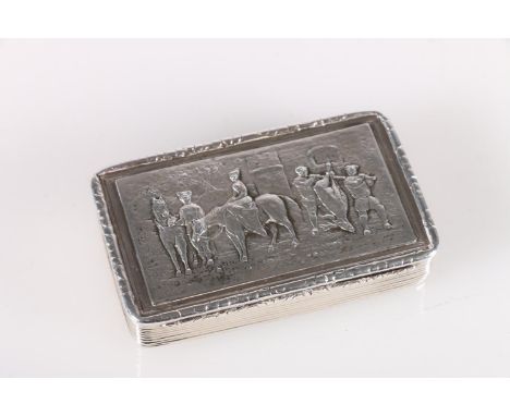 Victorian parcel gilt silver snuff box of rectangular form, the hinged cover decorated with a relief scene of lady on horseba