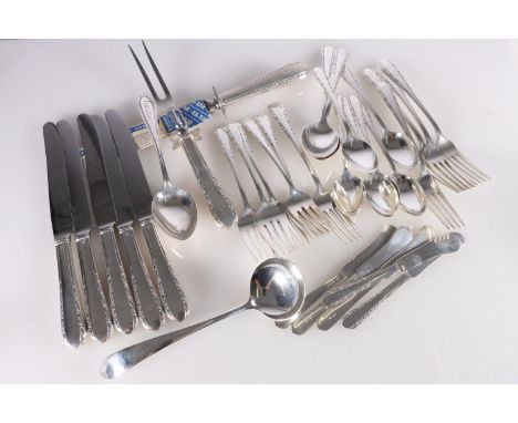 Partial suite of silver flatware comprising five table forks, five dessert forks, two tablespoons, six dessert spoons, five b