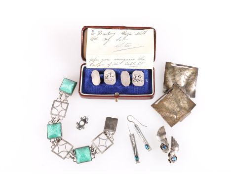 Pair of silver cufflinks with lamb and trident design in cufflink box with letter signed 'Rita', a silver and green hardstone