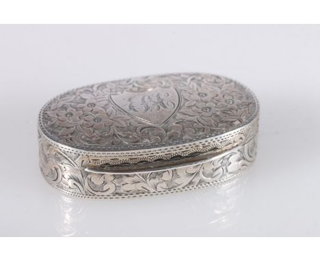 Edward VII antique silver snuff box of oval shape, the body decorated with engraved floral design with central shield cartouc