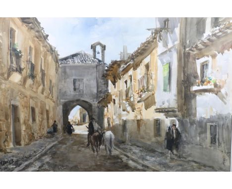 JESUS MENESES DEL BARCO (Spanish 1924-2005)&nbsp; *ARR* Untitled – Continental street scene with horses and figures Watercolo