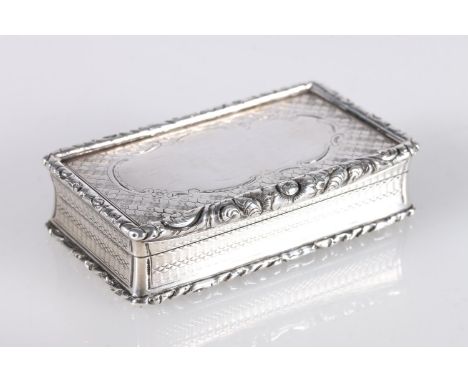 Victorian antique parcel gilt silver snuff box of rectangular form, the engine turned body with relief floral border edge and