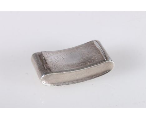 Georgian antique silver pocket snuff box of curved C scroll shape, decorated with all over engraved designs, by Joseph Willmo