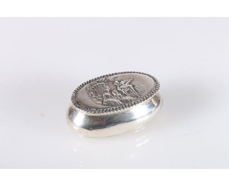 Victorian antique silver snuff box of oval shape, the lid decorated in repousse with scene of a gentleman with lute playing t