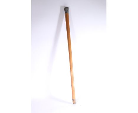 Chinese Malacca walking stick cane with silver handle having four vignettes including Dragon, Prunus Blossom, Bamboo and figu