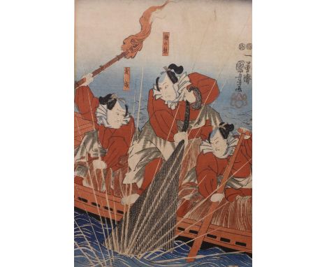 After UTAGAWA KUNISADA (Japanese 1786-1865)  Kabuki actors Matsumota Kinsho IV as Hamanari, Nakamura Ute=aemon IV as Hinoki n