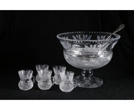 Large Edinburgh Crystal punch bowl of thistle shape with etched thistle pattern, having hobnail cut body, raised on bulbous s