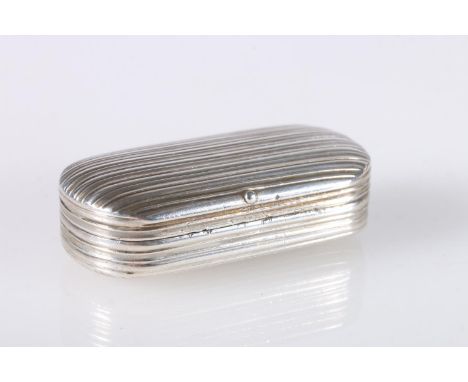 Georgian antique parcel gilt silver snuff box of stadium form, the body with all over reeded decoration, button thumb piece, 