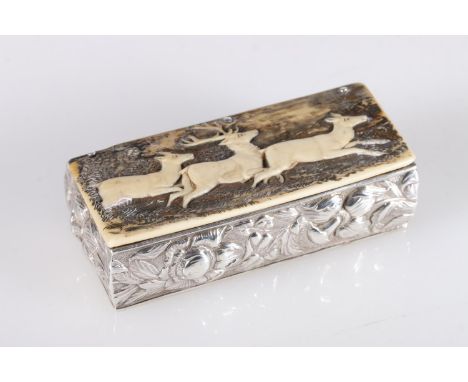 Continental silver hunting snuff box of rectangular shape, the carved horn cover decorated with stag and two doe deer running