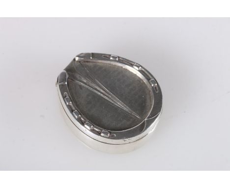 Victorian antique silver pocket snuff box in the form of a horseshoe, the engraved decoration simulating the underside of a h