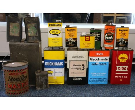 Vintage advertising interest, a group of fifteen painted metal motor oil and other cans including Shell X100, Holts Glycolmas