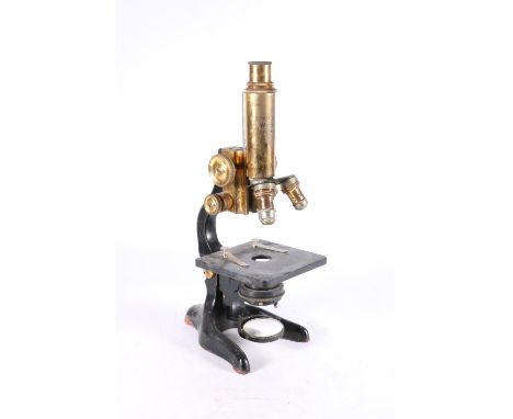 Ernst Leitz Wetzlar monocular microscope, numbered '258501' with three Leitz lenses, 34cm tall.&nbsp; 
