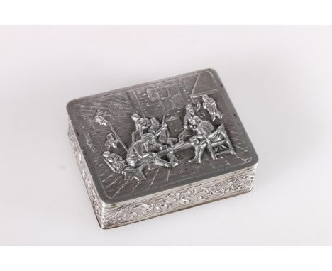 Dutch 833 grade silver table snuff box, the rectangular top with repoussé relief scene depicting a tavern scene with gentlema