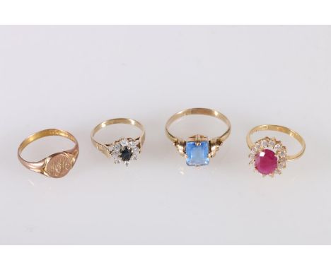 9ct gold signet ring, size R, 2.6g, a 9ct gold flower head cluster ring, size L, 2.1g and two other unhallmarked dress rings.