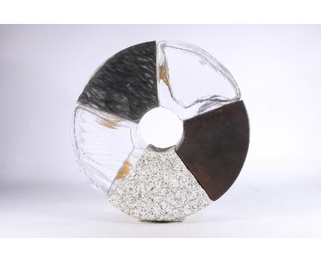 JOHANNES VON STUMM, a granite and glass sculpture or ring form, signed and dated 2007 to one of the glass sections, 37cm diam
