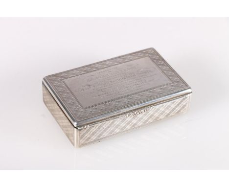 Victorian antique silver snuff box of rectangular form, engraved with all over simulated tartan chequered design, the hinged 