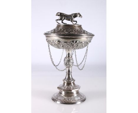 Victorian silver prize cup and cover, the lid with horse finial, raised on stem with four masks, makers marks WH, possibly Wi