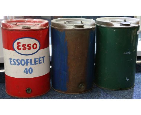 Vintage painted metal petrol drum for Esso Essofleet 40, 44cm tall and two others. (3) 