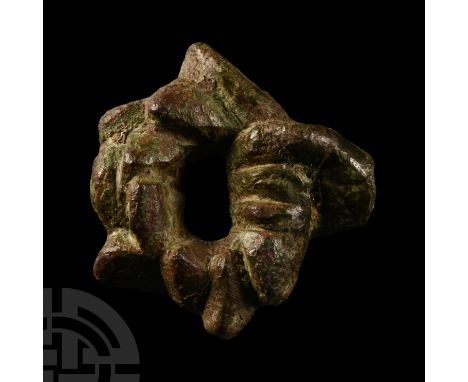 1st century A.D.. Modelled in the round, right hand clutching a wreath of laurel leaves. Cf. Durham, E., Metal Figurines in R